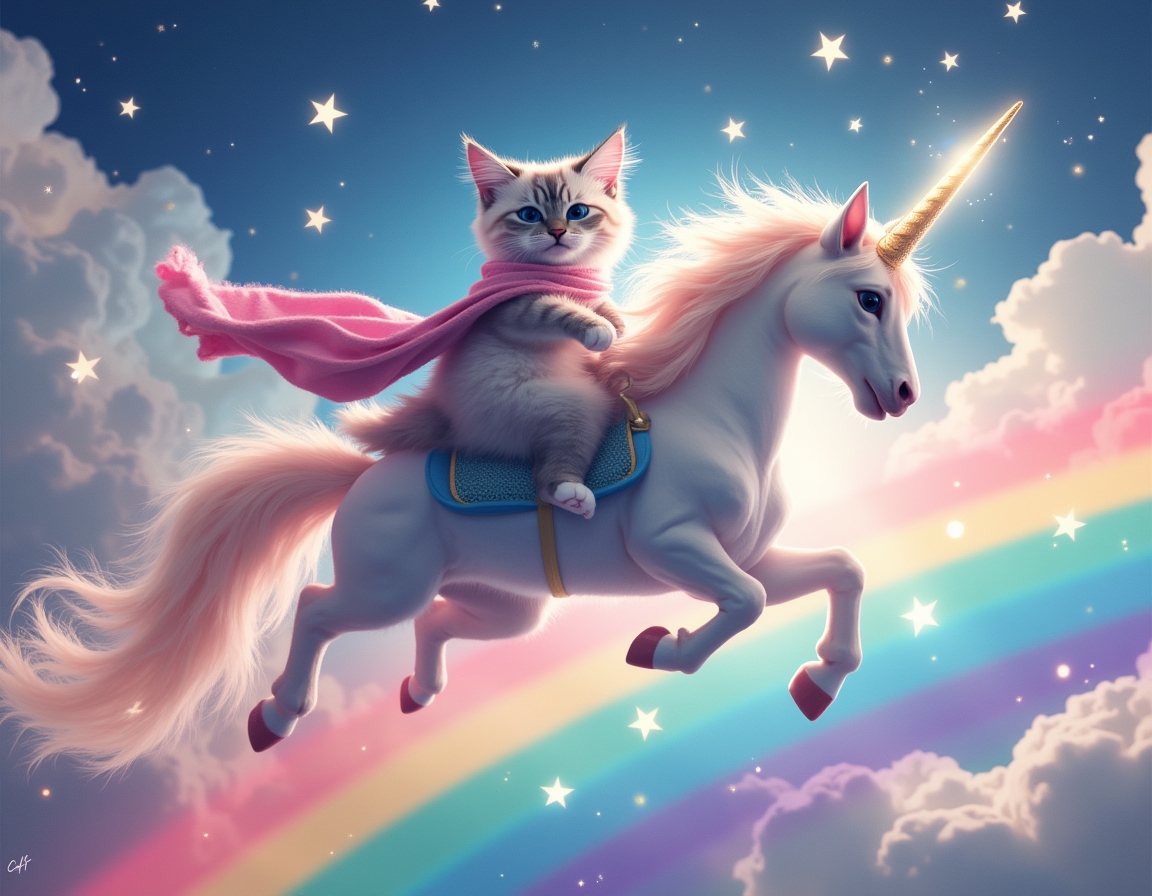 Cat rides a magical unicorn galloping across a rainbow, surrounded by glittering stars and fluffy clouds. The unicorn’s glowing horn creates a dreamy atmosphere.